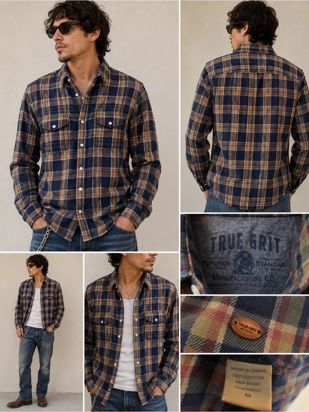 True Grit Plaid Flannel Shirt Medium Blue Tan Button Front